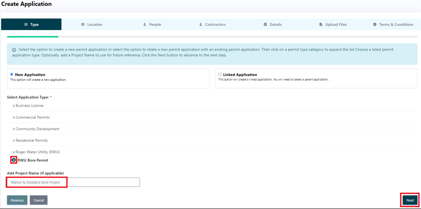 Screenshot of selecting Bore Permit